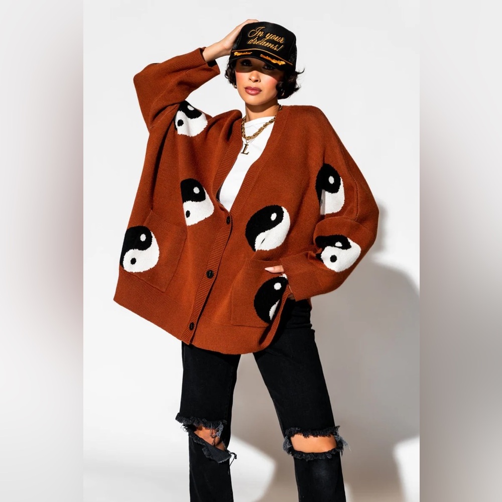 Dressed in LALA Main Character Energy Oversized Yin Yang Cardigan in Cinnamon